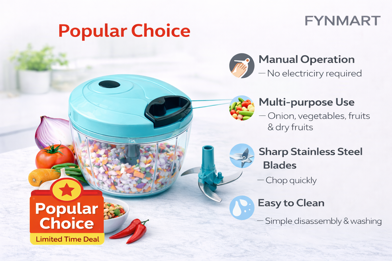 FYNMART Compact Chopper with Blades effortlessly Chopping Big Size Kitchen Dori Handy Vegetable and Fruit Manual Onion Dry Fruit Salad Maker Vegetable Quick Chopper (450 ml, 